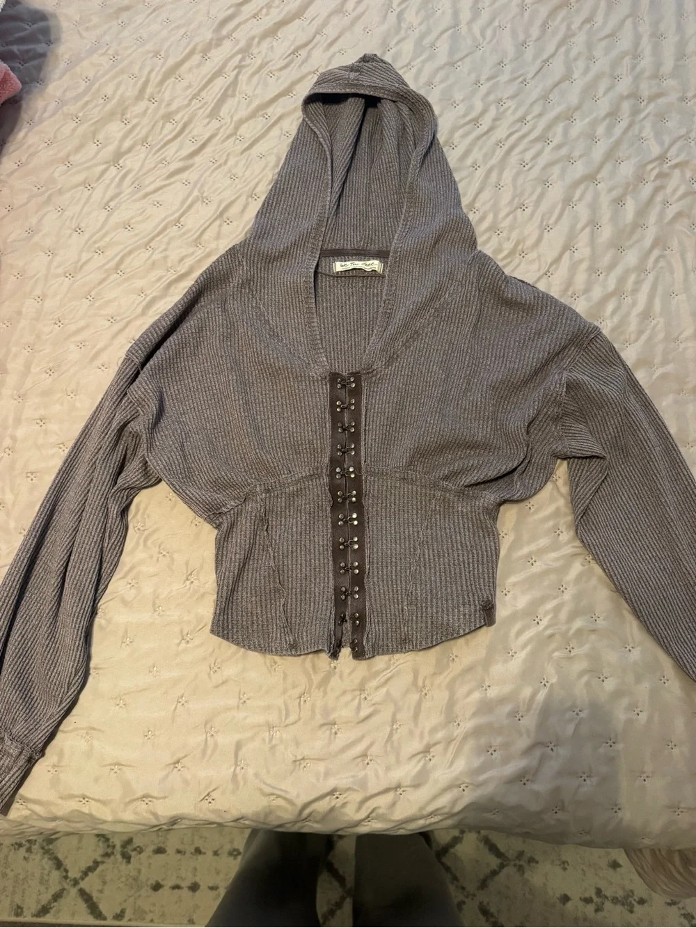 Heather Gray Ribbed Cropped Cinched Top with Hook Closure- FREE PEOPLE